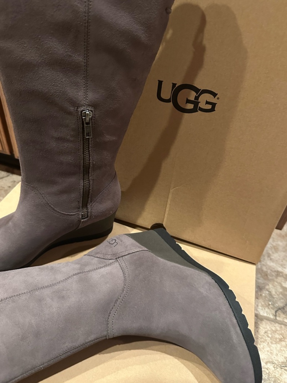UGG Women's Gray Suede Mid-Calf Zip Heeled Boots